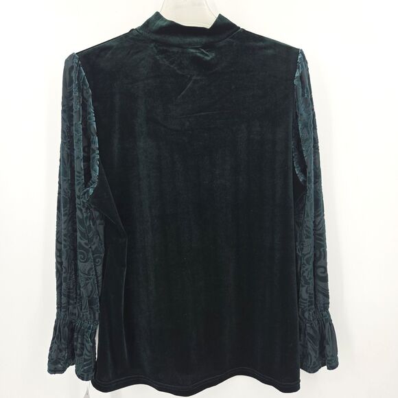 Calessa Mock Neck Blouse Top Large Green Velvet Burnout Whimsigoth Forest Fairy - Picture 2 of 6